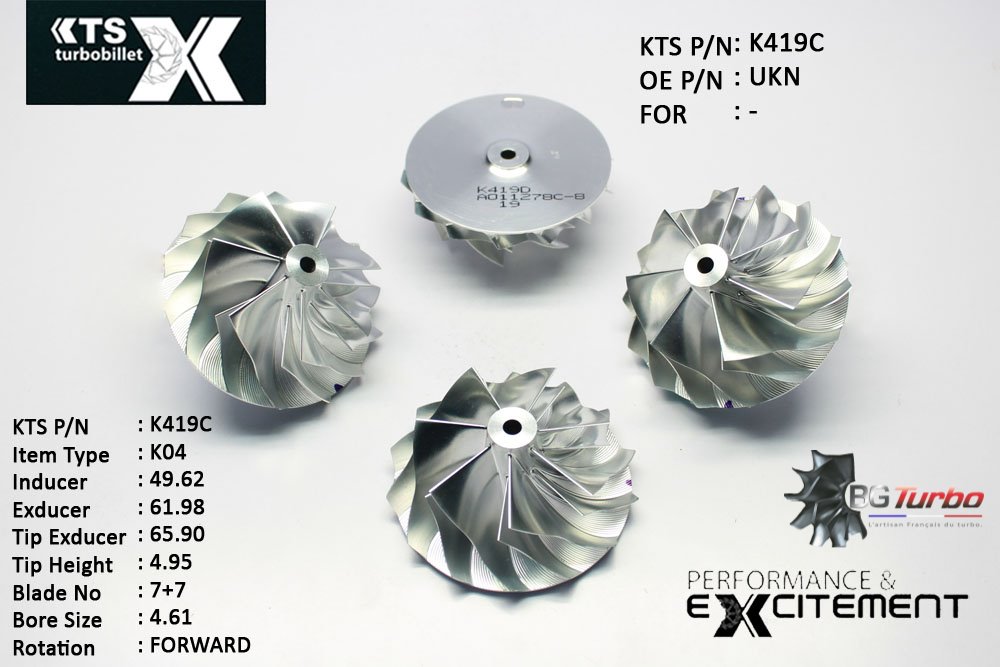Turbo ROUE FORGÉE MFS PERFORMANCE - 7+7 PALES - INDUCER : 49,618 - EXDUCER : 61,98 - TYPE : K04ANGLE : 60° - ROTATION : Forward - SUPER BACK : 1,8 - BORE SIZE : 4,61
